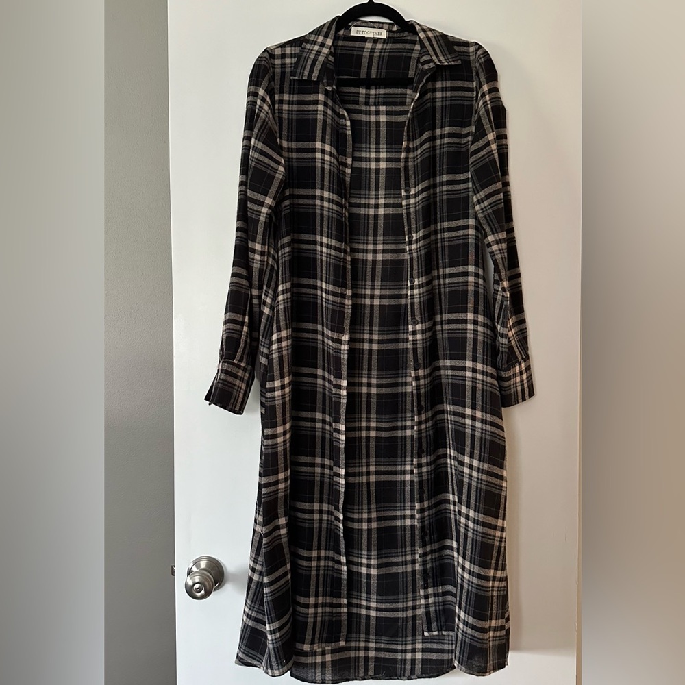 Black & Brown Long Plaid Flannel Shirt